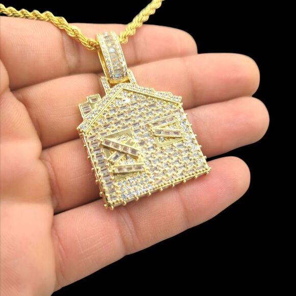 14K Yellow Gold Finish Baguette CZ Trap House - Free 24" x 3mm Rope Chain. - Picture 8 of 9